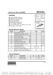 IRFS540A datasheet pdf Fairchild Semiconductor
